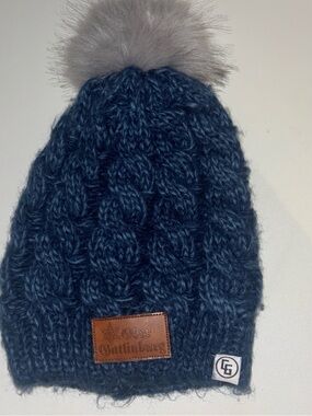 Blue Knit Pom Pom Beanie with Faux Fur - Unbranded